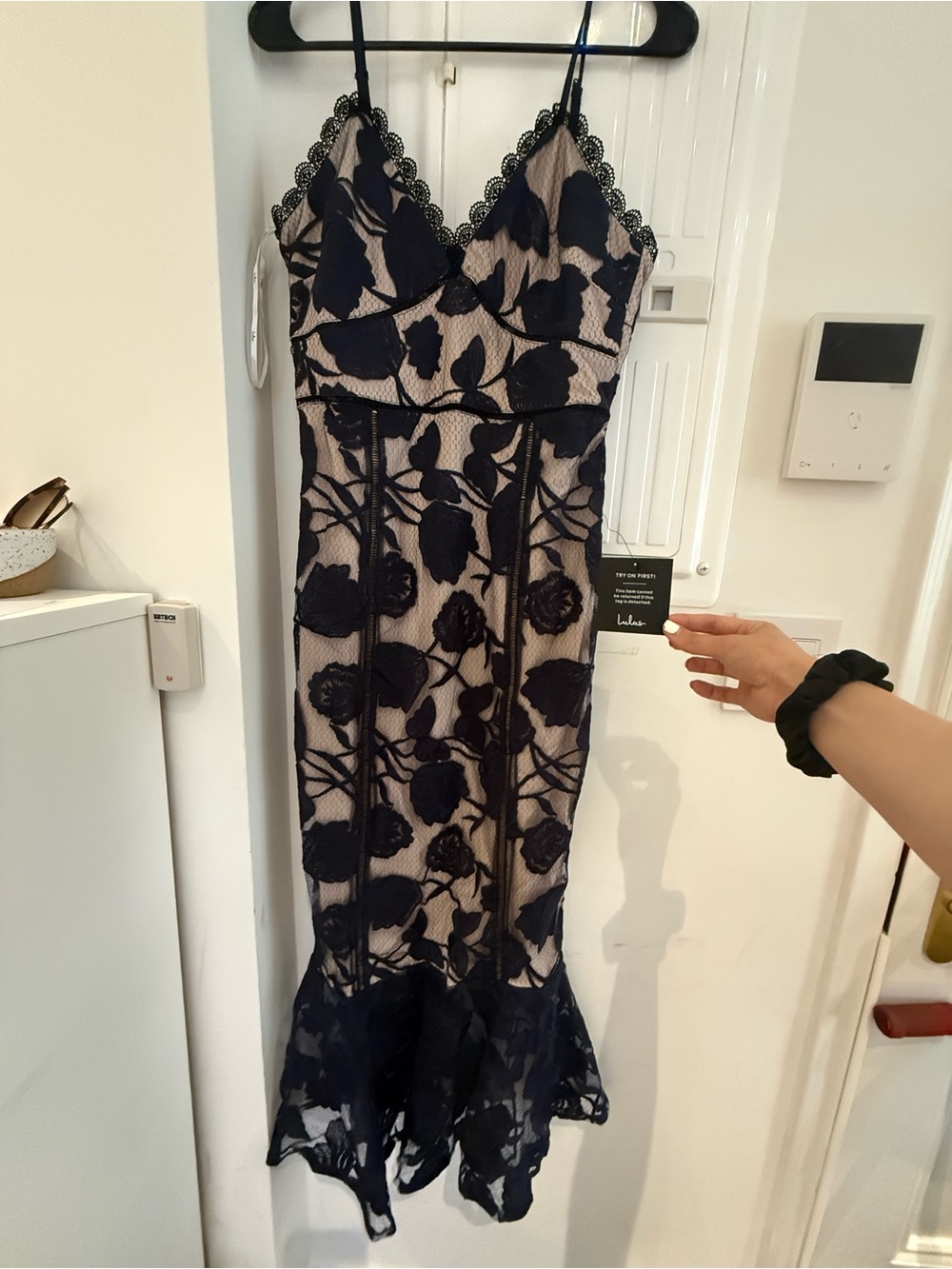 Lulu's Navy Floral Lace Midi Dress with Scalloped Trim